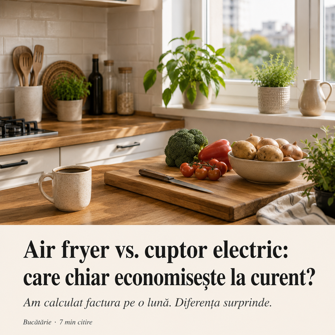 Bucatarie luminoasa cu legume proaspete pe blat de lemn, comparatie air fryer vs cuptor electric pentru economie de curent