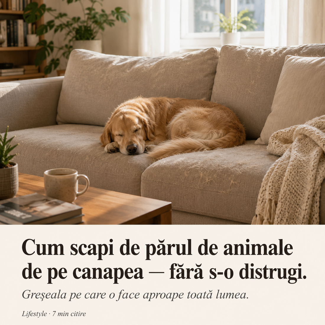 Caine golden retriever dormind pe canapea beige cu par de animale, solutia cu aspirator cu spalare C5