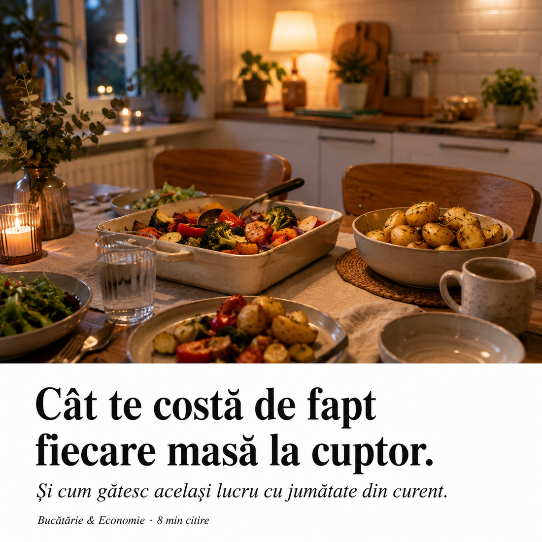 Masa de seara cu legume coapte si cartofi rumeniti, calculul costului real al unei mese la cuptor vs air fryer