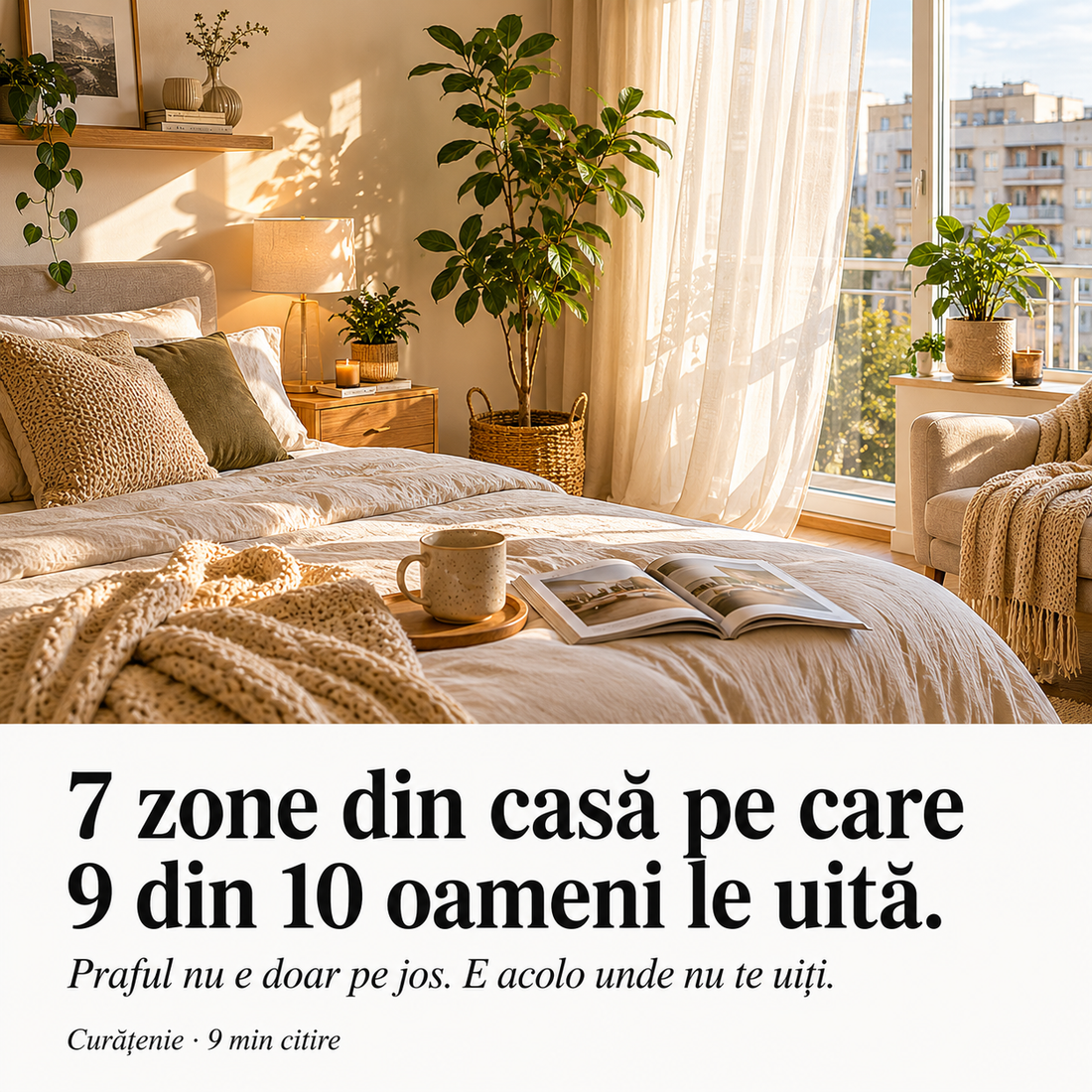 Dormitor luminos cu plante si pat aranjat, zone uitate la curatenie si solutia cu aspirator vertical P11 Pro