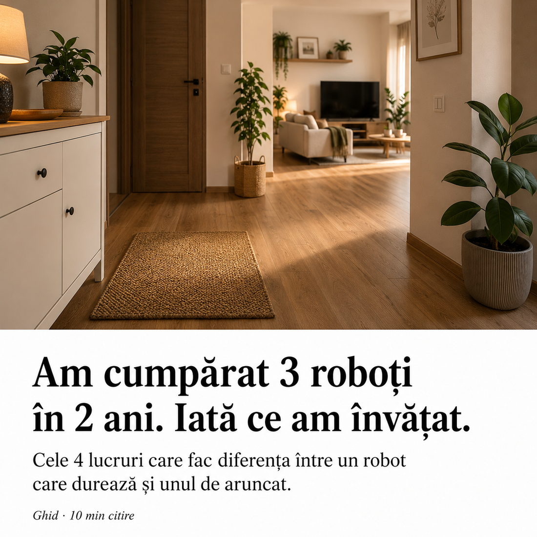 Hol modern cu podea de lemn si plante in ghiveci, experienta cu 3 roboti de aspirat si recomandare T7S