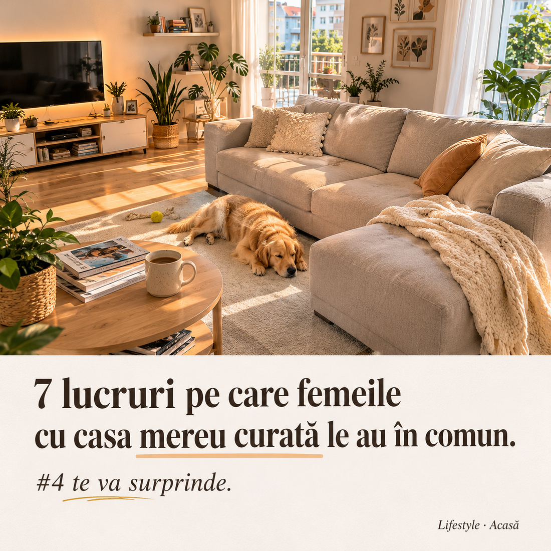 Sufragerie luminoasa cu canapea moderna si caine golden retriever, casa curata si confortabila
