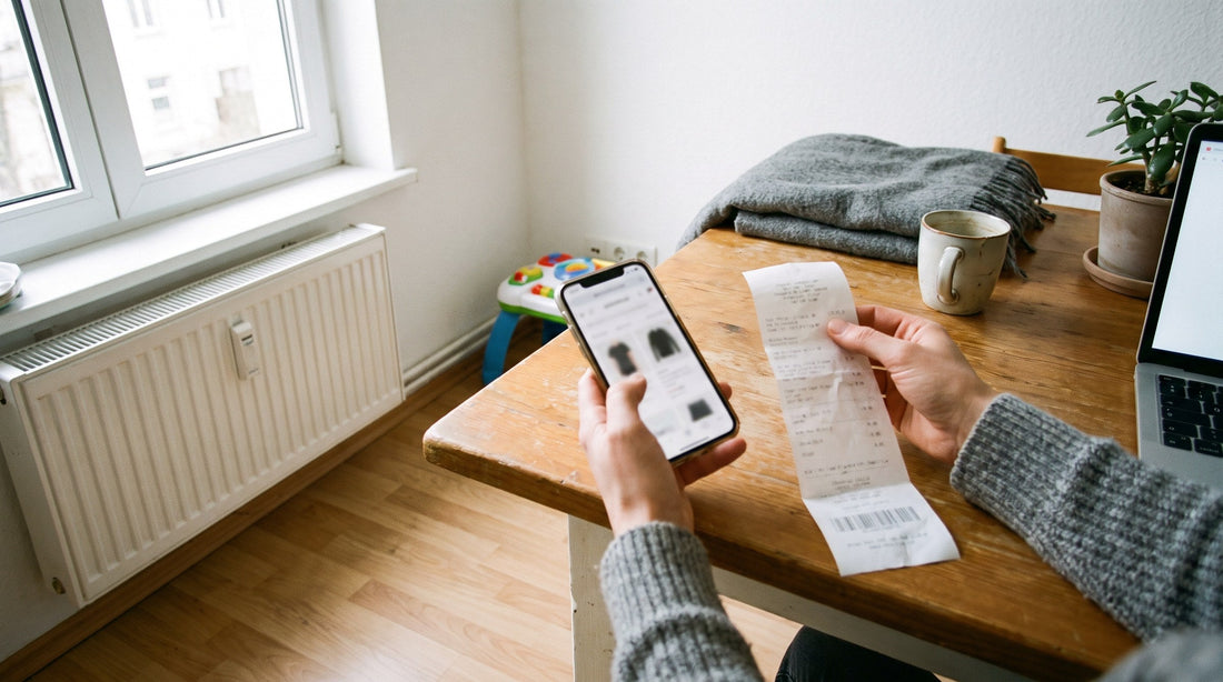 Mâini care țin un telefon cu un magazin online și un bon de casă, la masă, verificând o reducere reală Black Friday