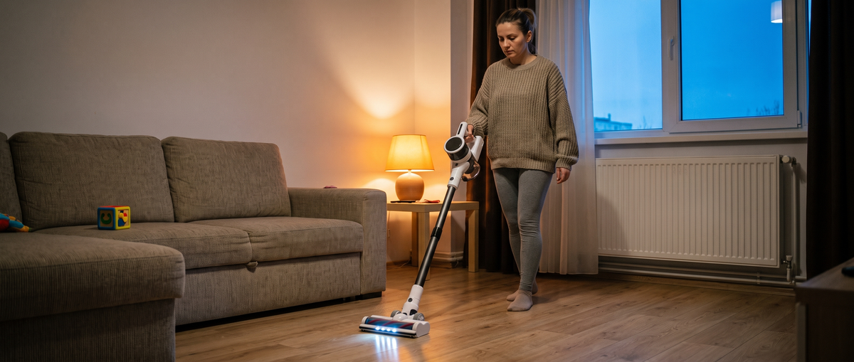 Femeie care aspiră rapid livingul seara, cu aspiratorul vertical fără fir și lampa aprinsă