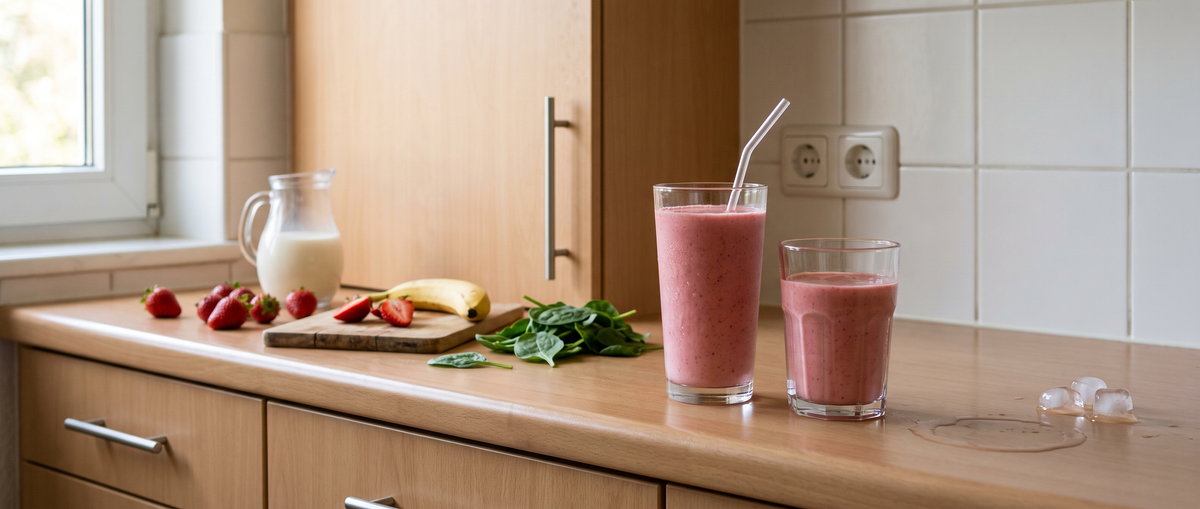 Două pahare cu smoothie roz cremos pe blatul din bucătărie, lângă căpșuni și banane proaspete