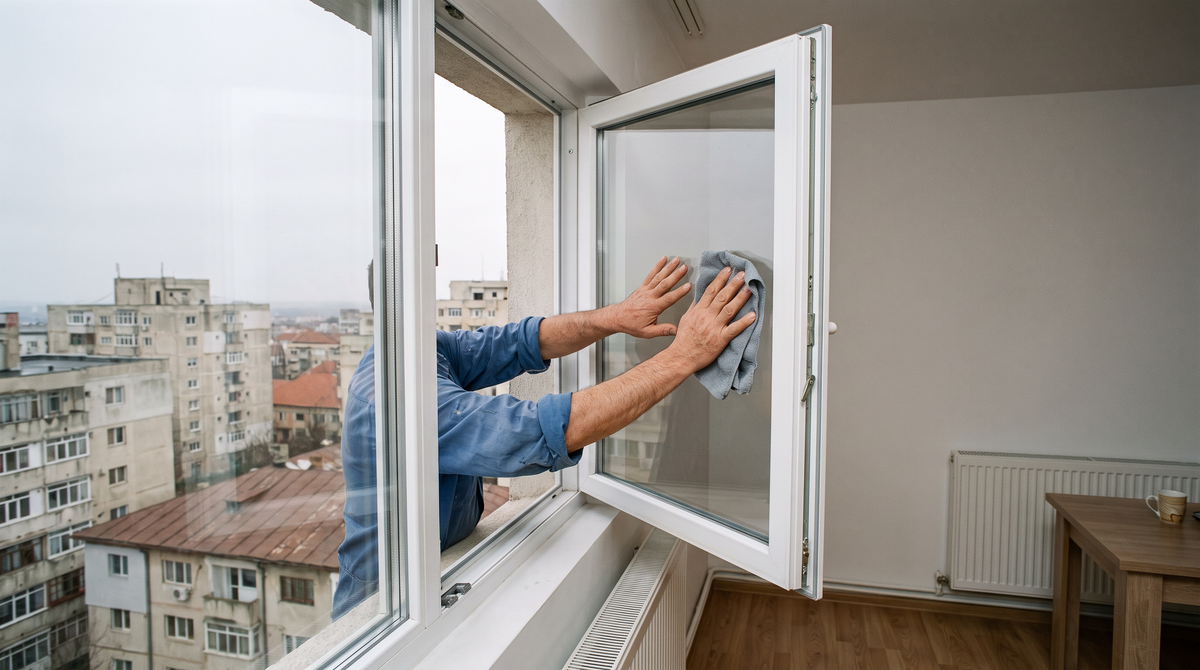 Fereastră termopan oscilo-batantă deschisă spre interior într-un apartament, exemplu practic pentru cum speli geamurile la etaj
