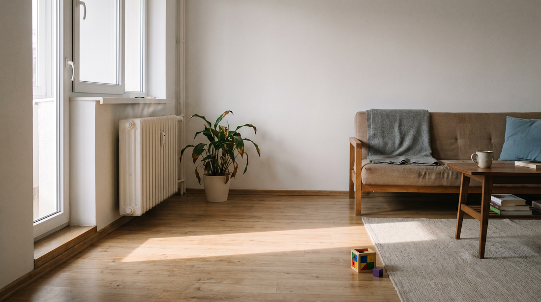Fereastră de apartament și caloriferul de sub ea într-o dimineață rece de octombrie, articol despre aer uscat în casă