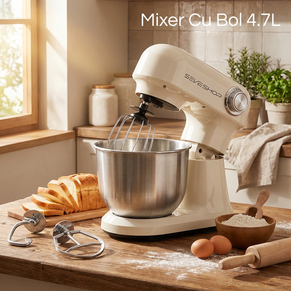 Mixer cu Bol 4.7L Profesional, 1500W, 12 Viteze si Accesorii Inox