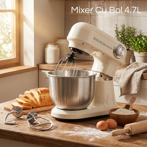 mixer cu bol care frământă aluat și bate frișcă cu putere de 1500W