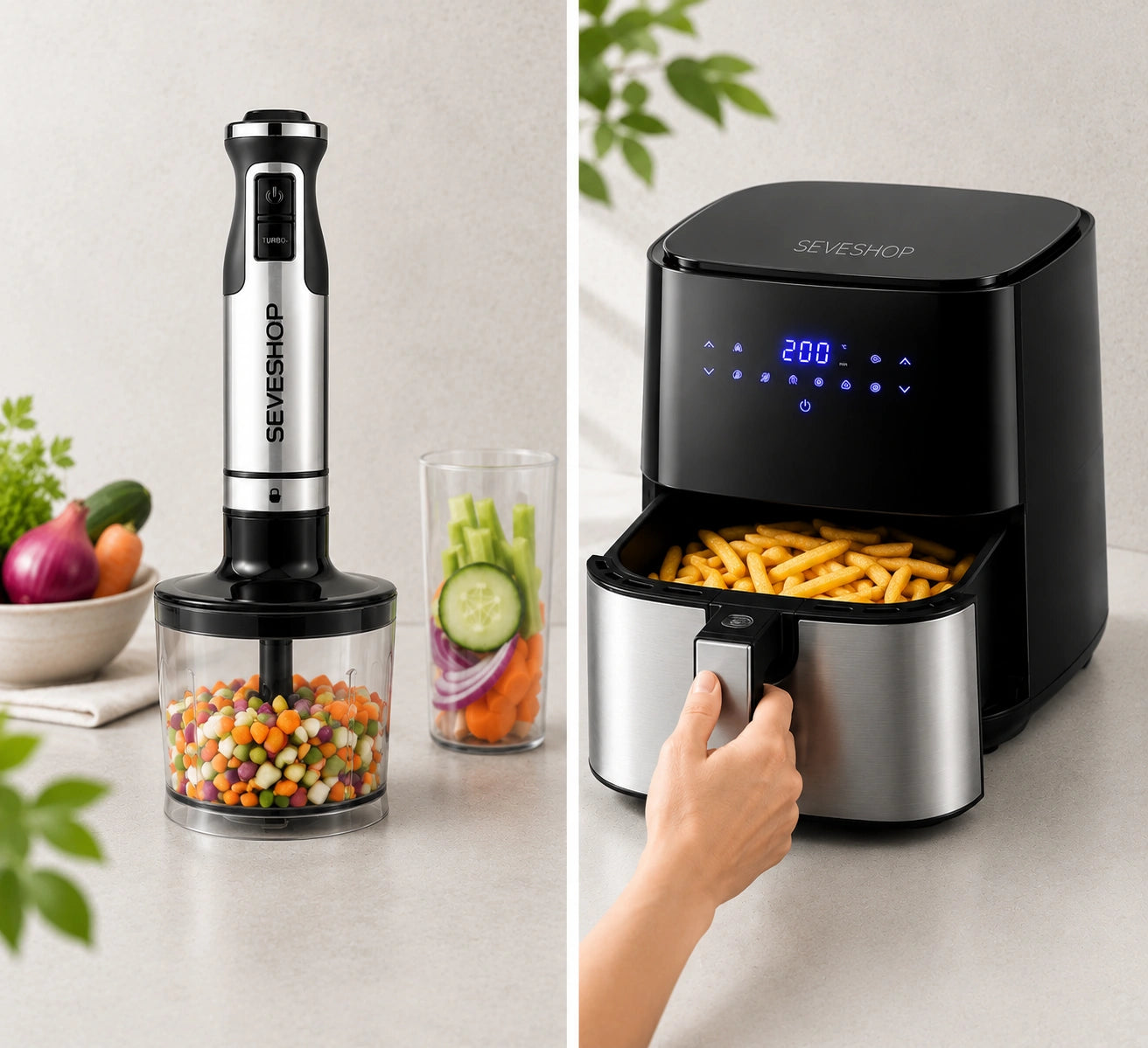 set bucătărie cu mixer vertical și friteuză air fryer pentru preparate rapide