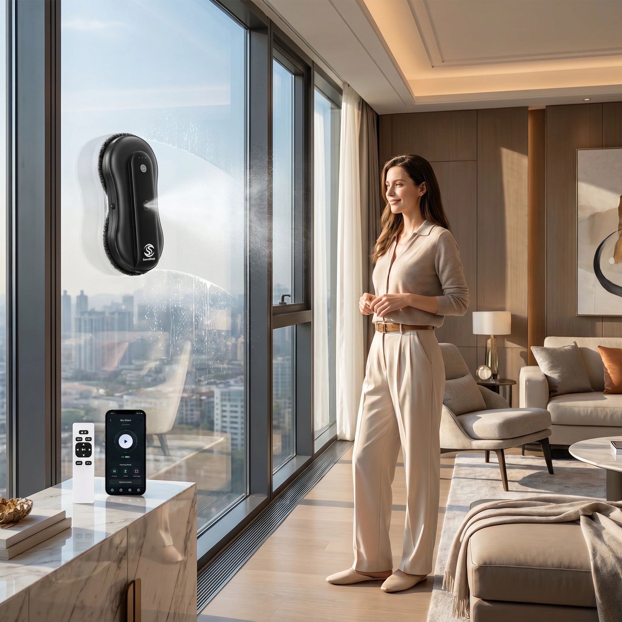 Robot de Curatare Geamuri cu Pulverizare si Control APP, Ultra-Subtire