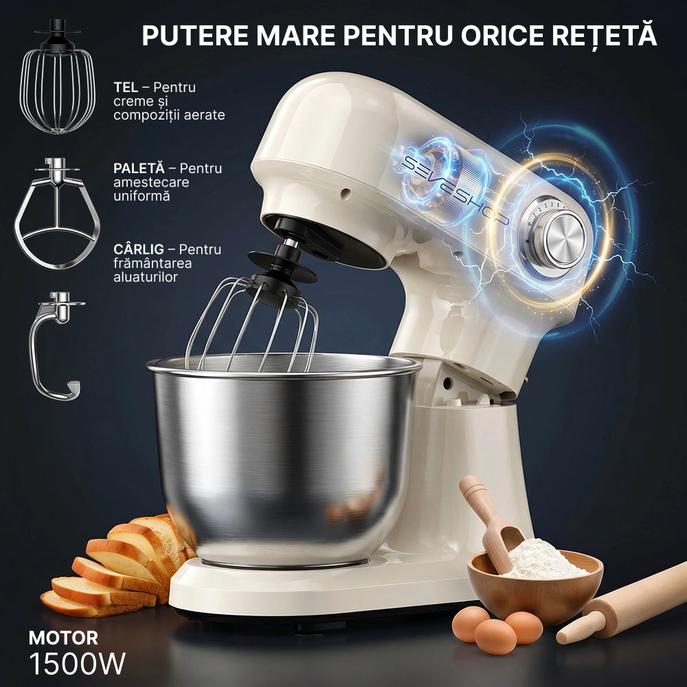 mixer cu accesorii din inox: cârlig, tel și paleta pentru frământat