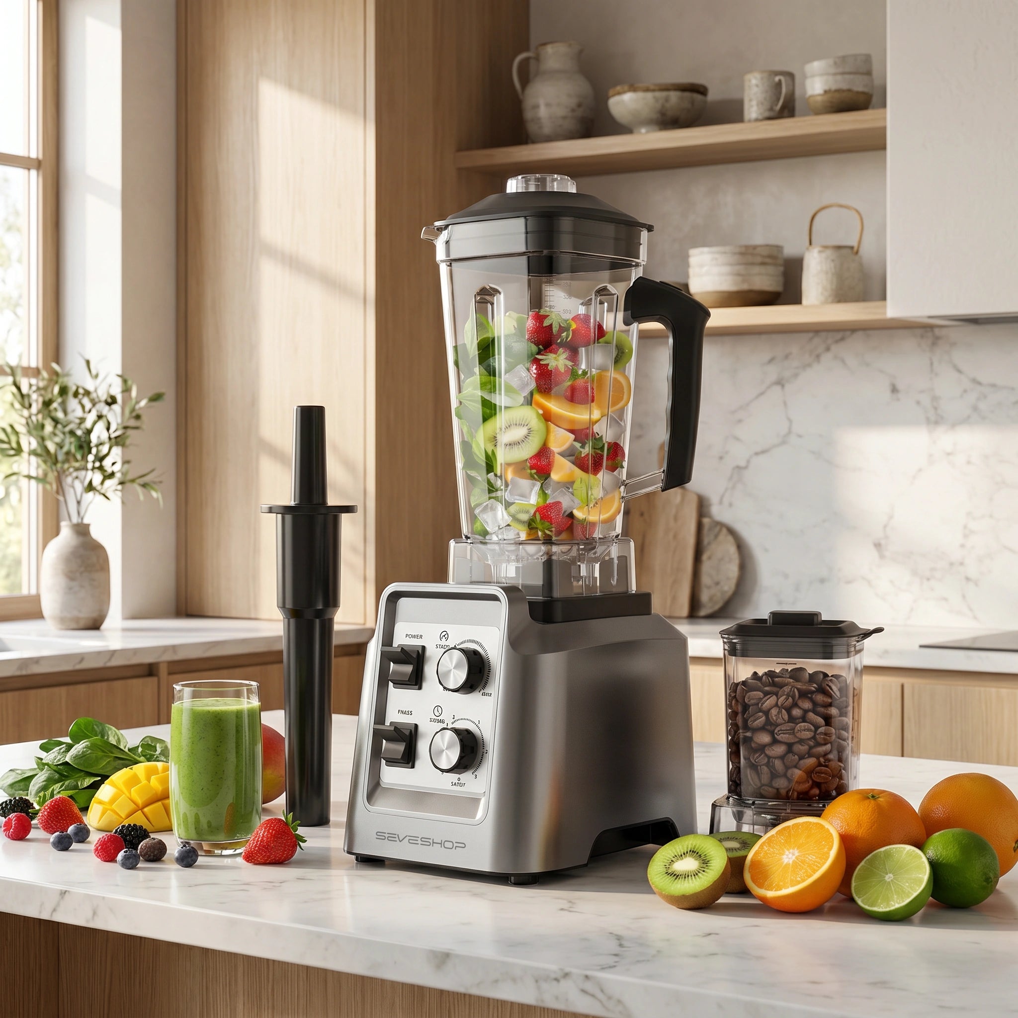 Blender Profesional 2 in 1 cu Rasnita Cafea, 1800W, 2L si Timer
