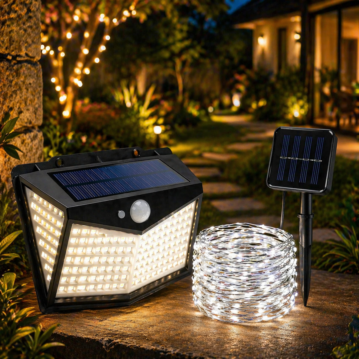 Pachet Iluminare Exterior – Lămpi Solare cu Senzor + Ghirlandă LED Decorativă