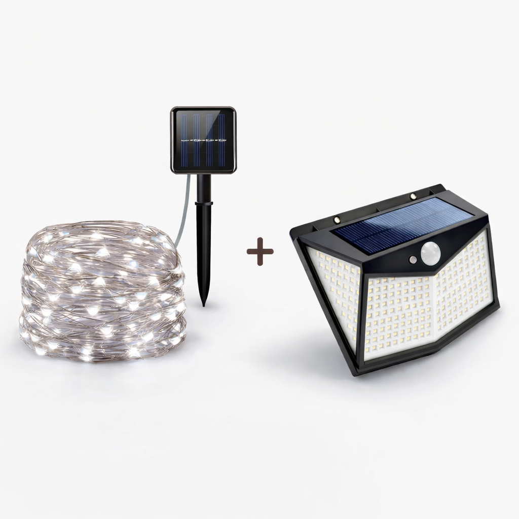 Pachet Iluminare Exterior – Lămpi Solare cu Senzor + Ghirlandă LED Decorativă