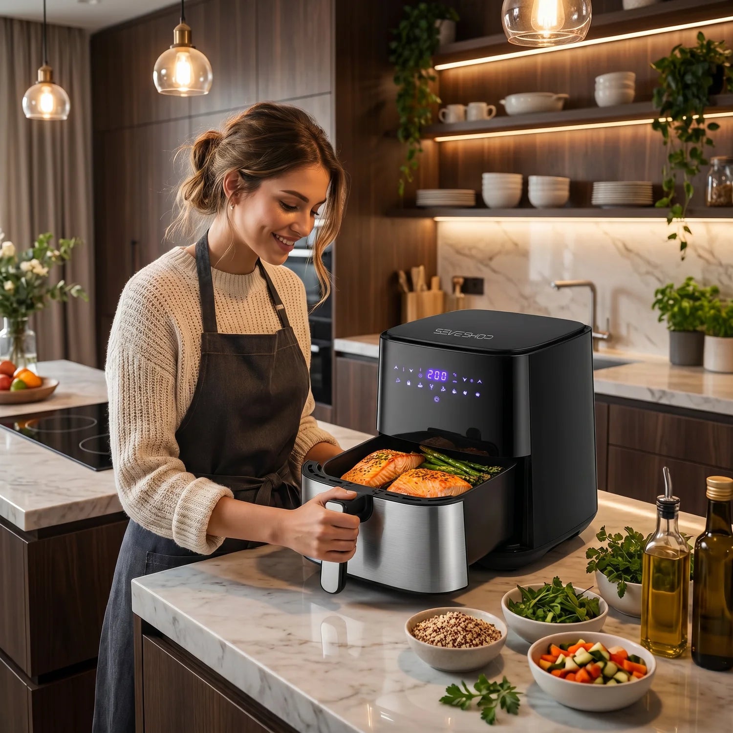 Friteuza cu Aer Cald 5.5L, 8 Programe Digitale si 1400W, Fara Ulei