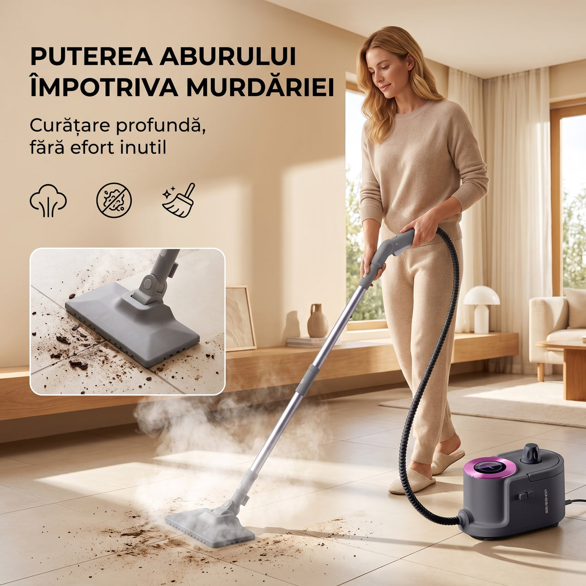 Femeie curăță gresia din living cu aparatul de curățat cu aburi QL-QX202; detaliu cu capul de pardoseală peste murdărie