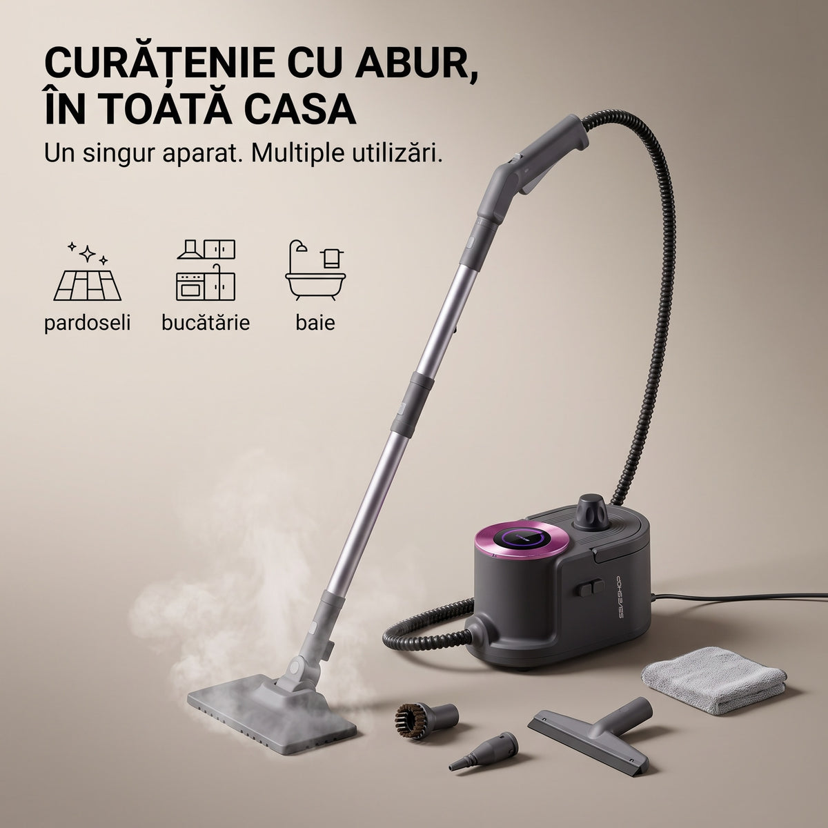 Aparat de curățat cu aburi QL-QX202 gri cu tub, cap de pardoseală cu abur, perie, duză, racletă și lavetă