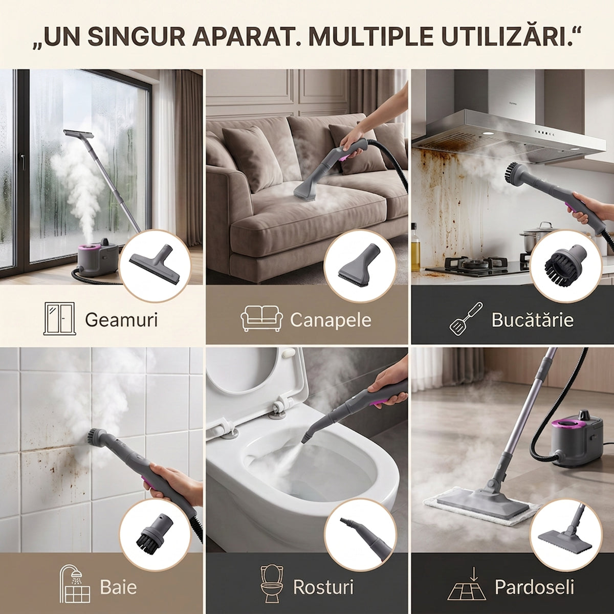 Șase utilizări ale aparatului de curățat cu aburi QL-QX202: geamuri, canapele, bucătărie, baie, rosturi și pardoseli