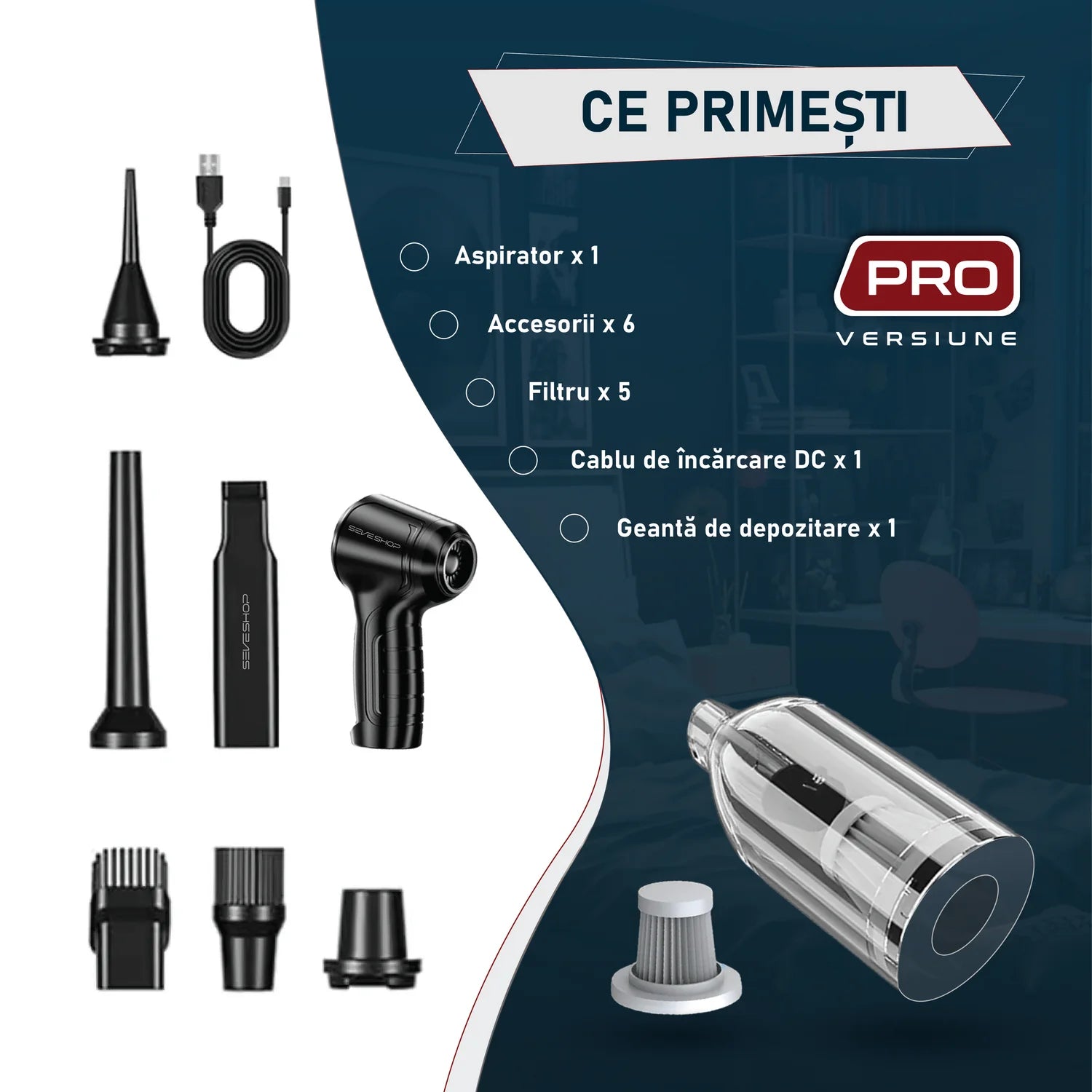 mini aspirator portabil auto si casa cu functie turbo si suflare
