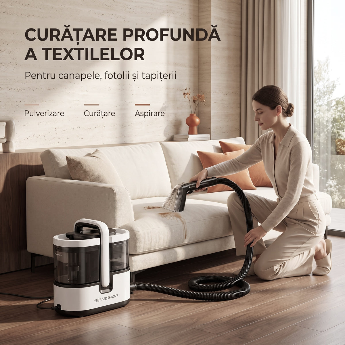Femeie care curăță o pată de pe o canapea bej cu duza aspiratorului cu spălare C7 Max