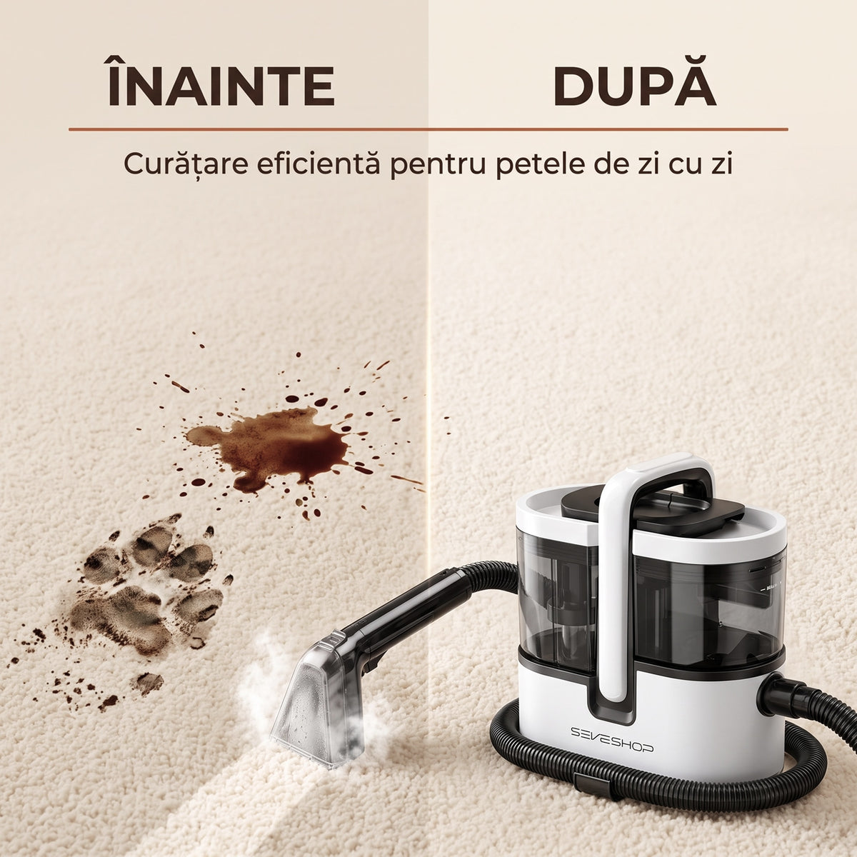 Covor bej cu o pată și urme de labe, înainte și după trecerea duzei aspiratorului cu spălare C7 Max