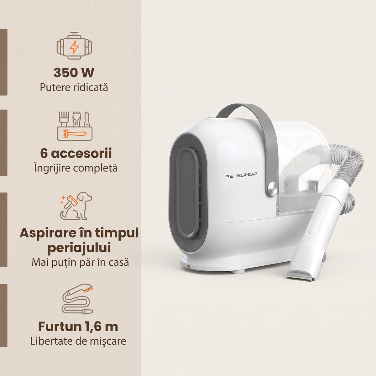 Infografic aspirator grooming PCS9: 350 W, 6 accesorii, aspirare în timpul periajului și furtun de 1,6 m