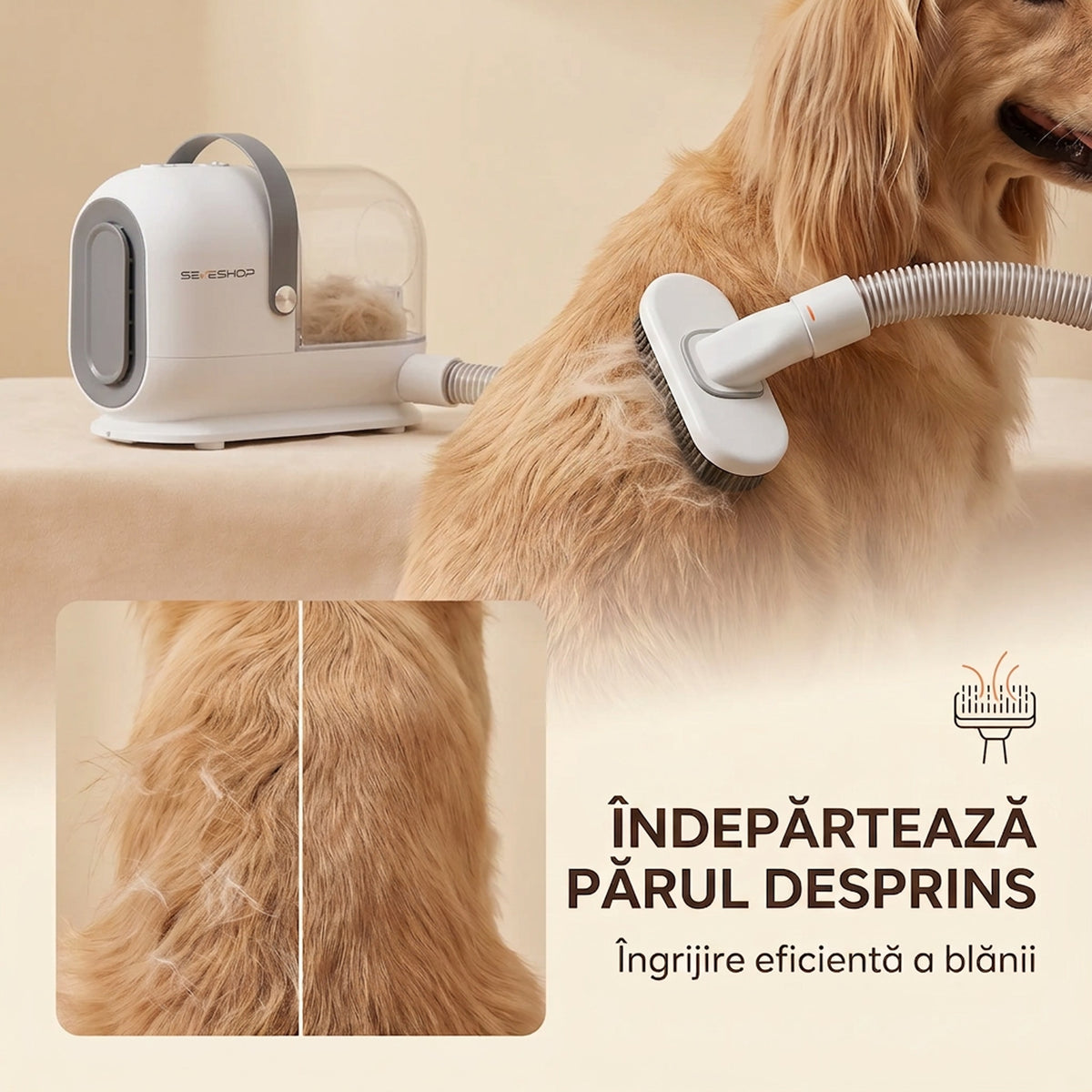 Golden retriever periat cu aspiratorul grooming PCS9 și comparație a blănii înainte și după periaj