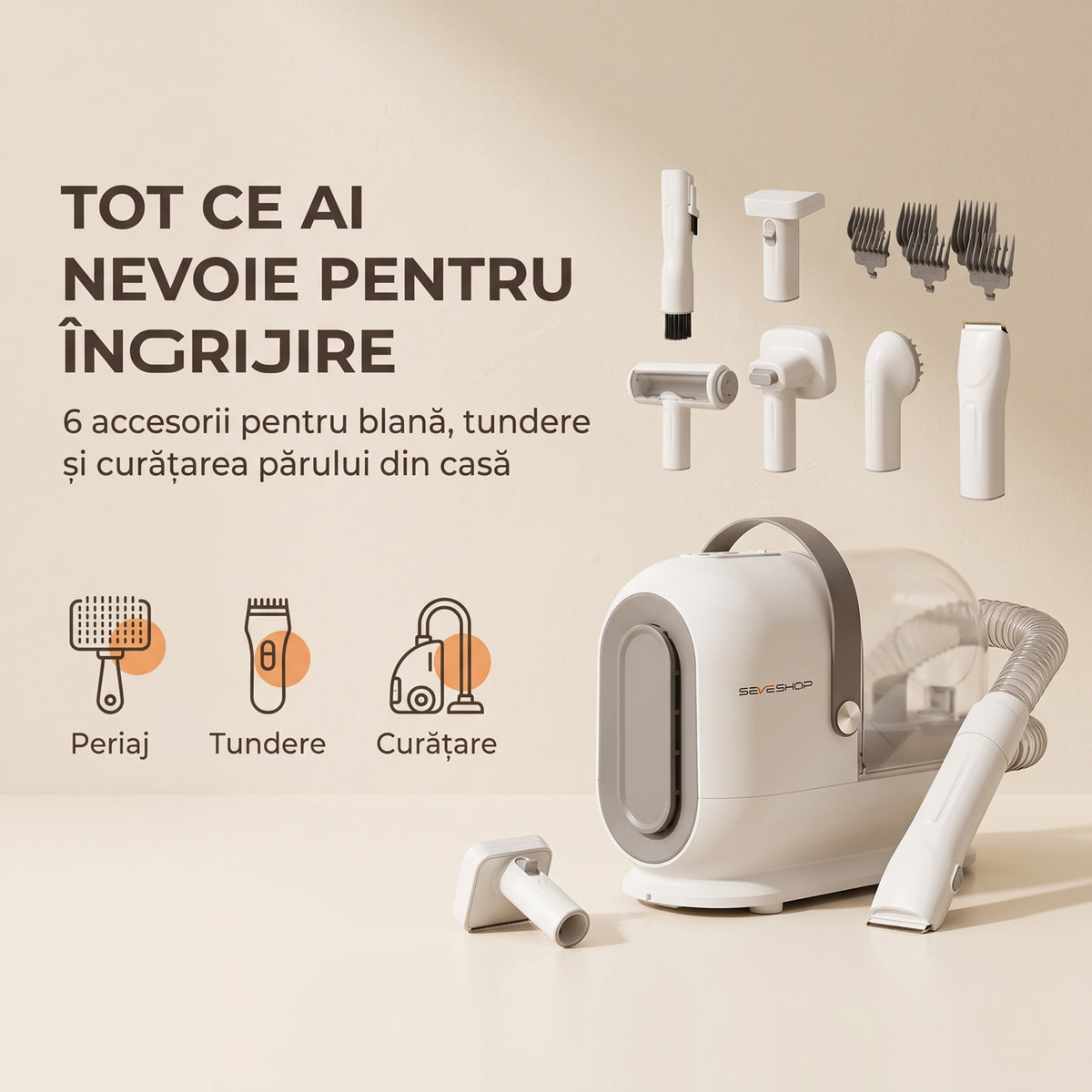 Aspirator grooming PCS9 cu accesoriile pentru periaj, tundere și curățare așezate deasupra aparatului