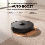 Aspirator robot D17S urcând de pe pardoseală pe covor, cu efect vizual de aspirare intensificată Auto Boost