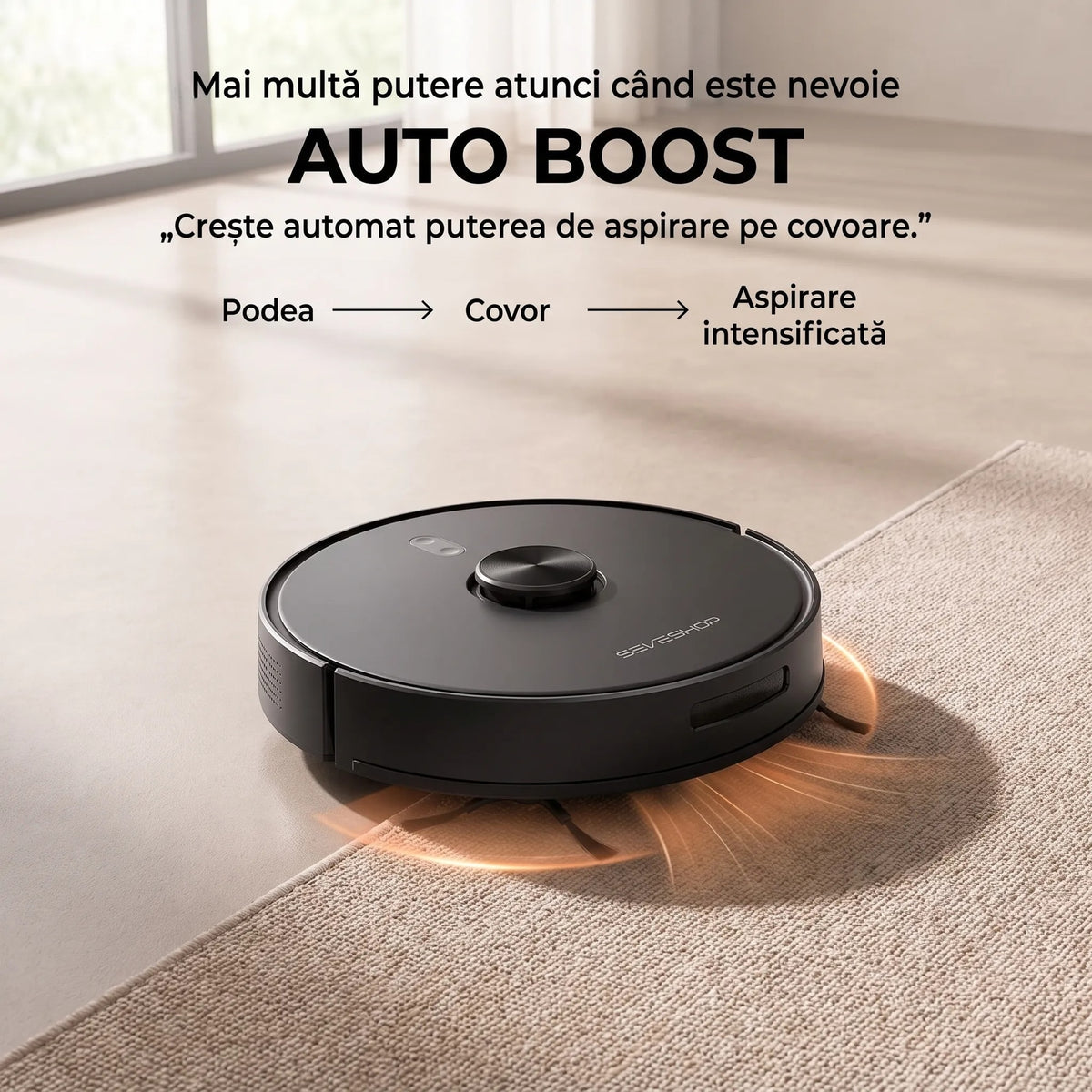 Aspirator robot D17S urcând de pe pardoseală pe covor, cu efect vizual de aspirare intensificată Auto Boost