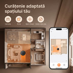 Plan de apartament cu livingul evidențiat și harta D17S în aplicație, cu iconițe pentru camere, zone și Spot Clean