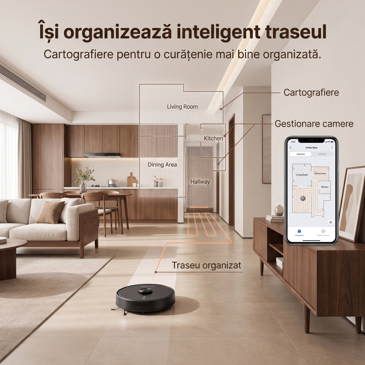 Aspirator robot D17S într-un living deschis, cu harta camerelor proiectată și traseul afișat în aplicația de pe telefon