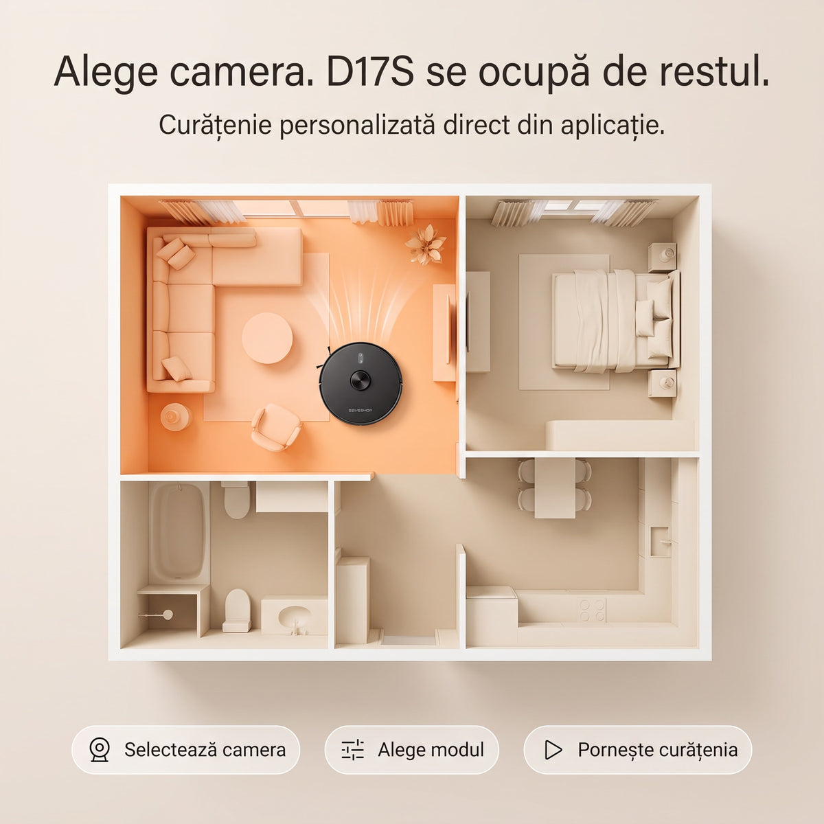 Plan 3D al unui apartament în care aspiratorul robot D17S curăță doar livingul, camera selectată din aplicație