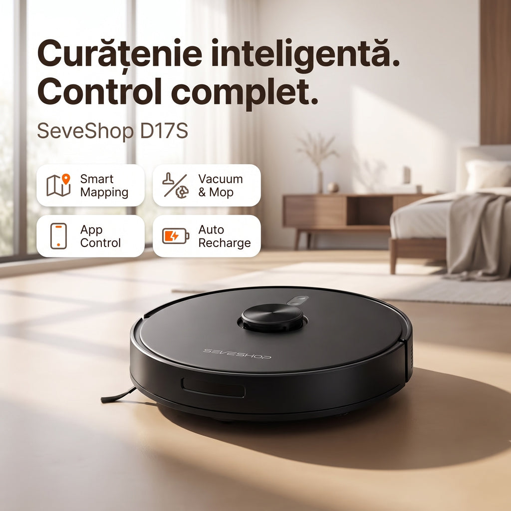 Aspirator robot D17S pe podeaua unui dormitor luminos, cu etichete Smart Mapping, aspirare și mop, aplicație și reîncărcare