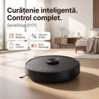 Aspirator robot D17S pe podeaua unui dormitor luminos, cu etichete Smart Mapping, aspirare și mop, aplicație și reîncărcare