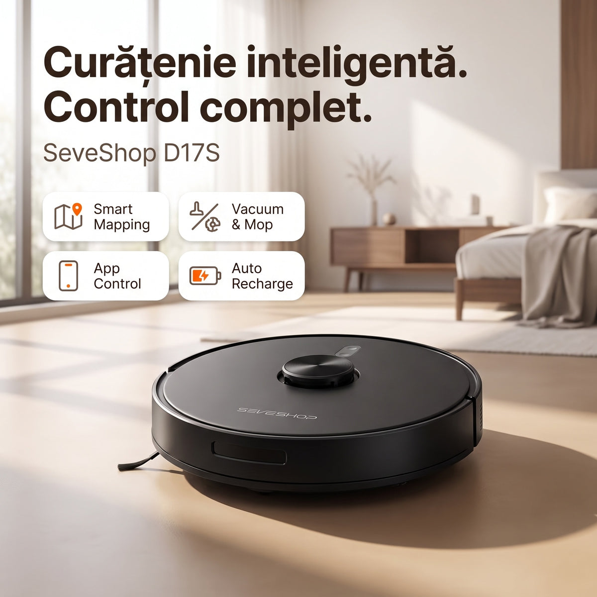 Aspirator robot D17S pe podeaua unui dormitor luminos, cu etichete Smart Mapping, aspirare și mop, aplicație și reîncărcare