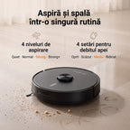 Aspirator robot D17S pe gresie cu firimituri, sub textul despre 4 niveluri de aspirare și 4 setări pentru debitul apei