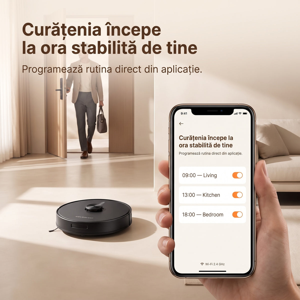 Telefon cu programul de curățenie al aspiratorului robot D17S pe ore și camere, robotul pe podea în fundal
