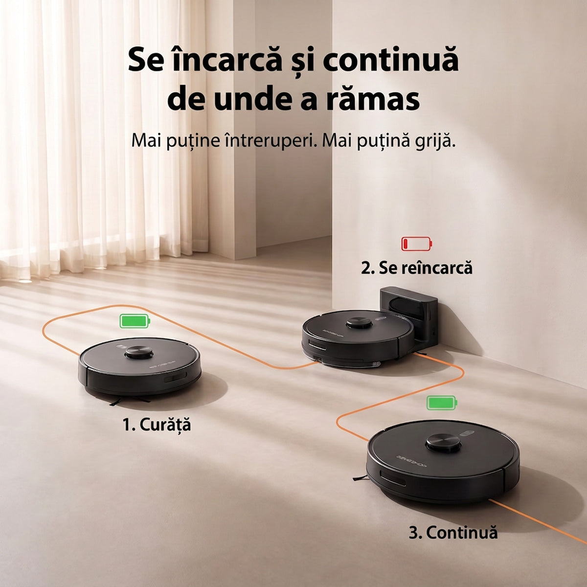 Trei ipostaze ale aspiratorului robot D17S: curăță, se reîncarcă la stație și continuă traseul de unde a rămas