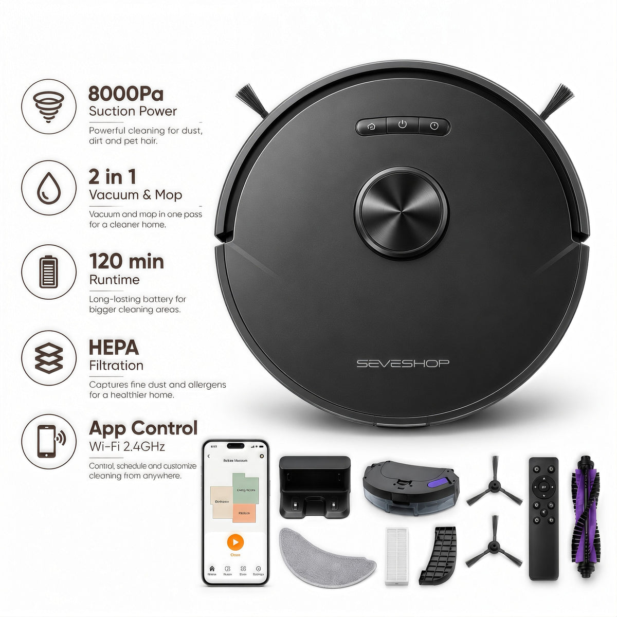Aspirator robot T13S negru văzut de sus, cu iconițe 8000 Pa, 2 în 1, 120 min, HEPA, Wi-Fi și accesoriile incluse
