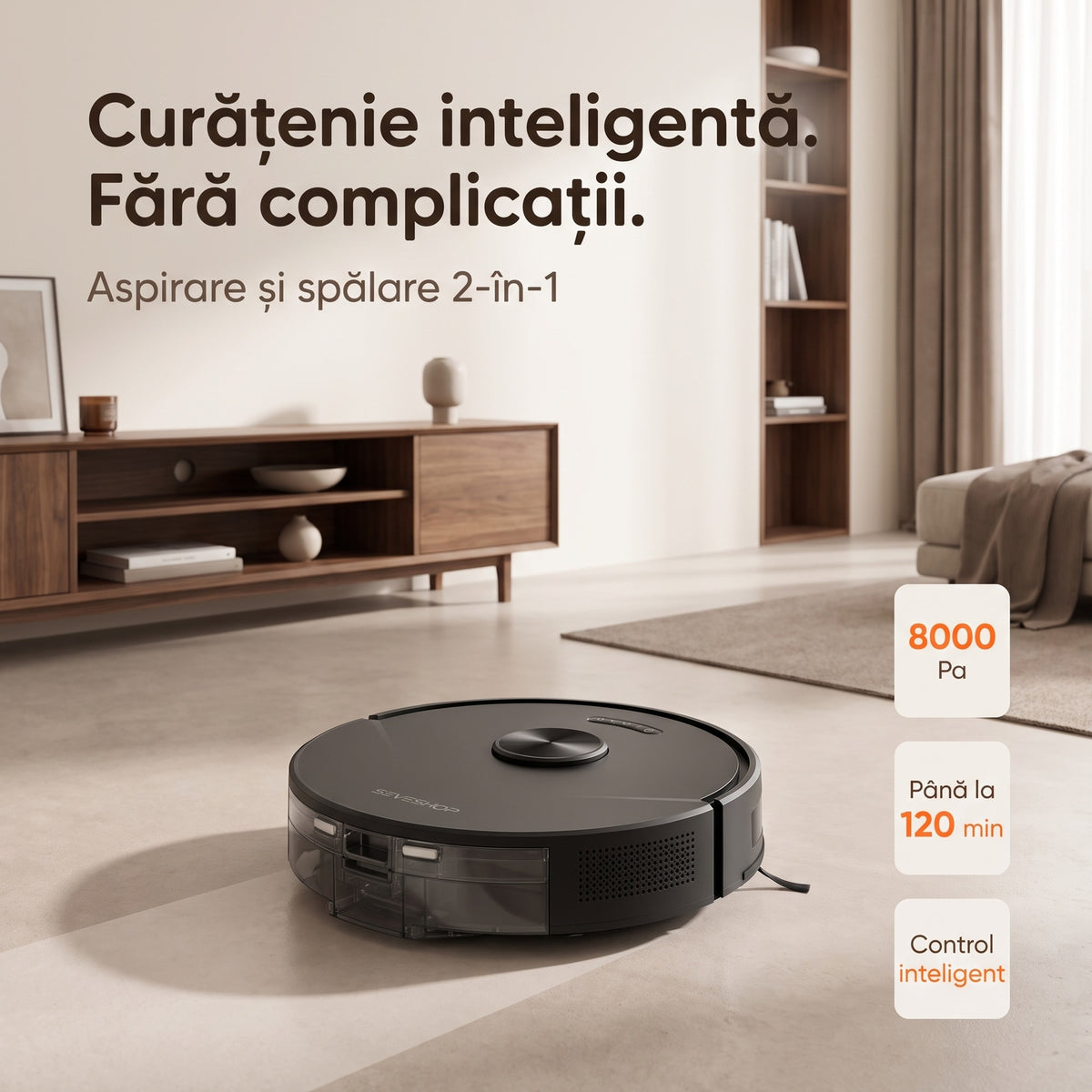 Aspirator robot T13S negru în living, cu recipientul transparent vizibil și etichete 8000 Pa și până la 120 min