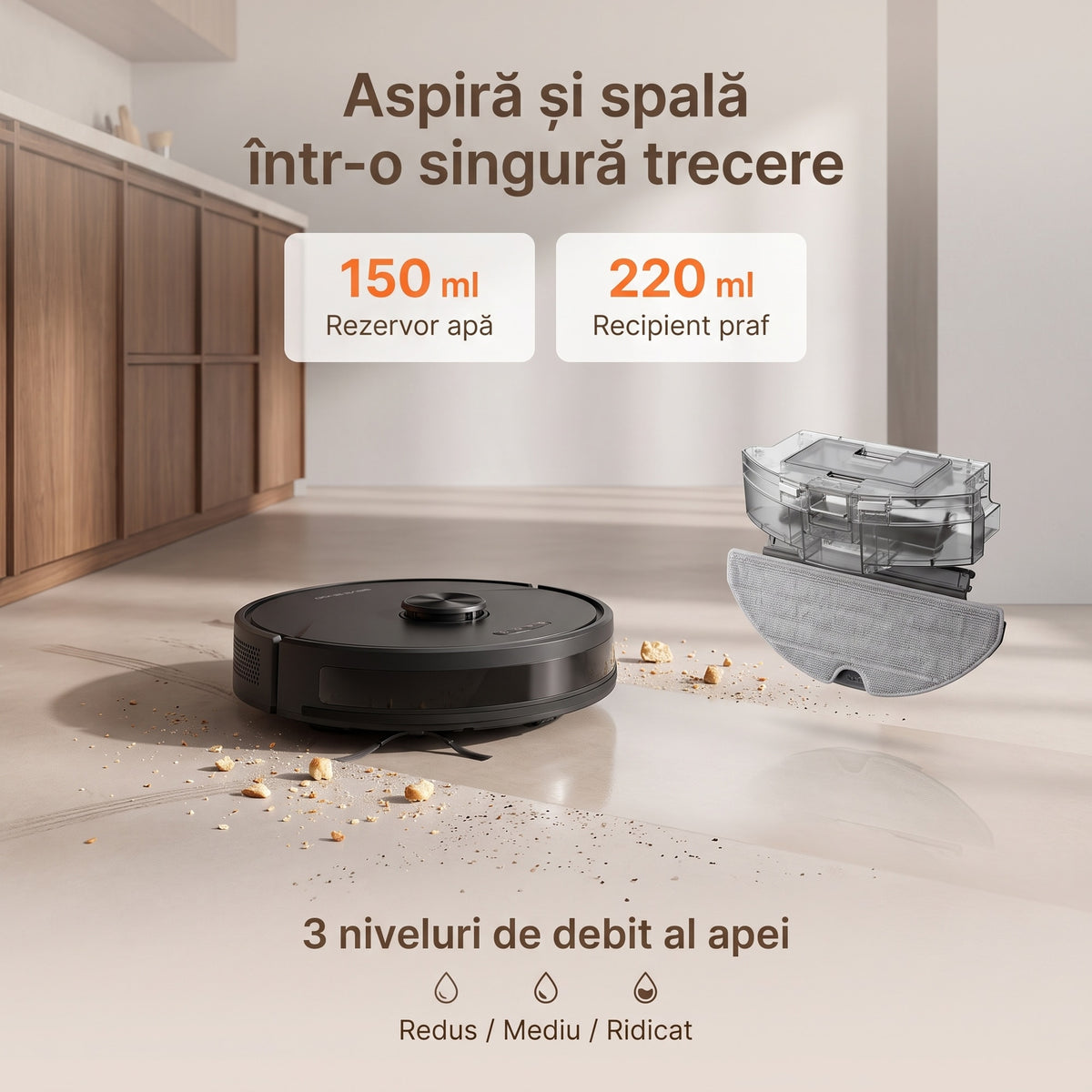 Aspirator robot T13S pe gresie cu firimituri, lângă recipientul 2-în-1 cu lavetă mop: 150 ml apă, 220 ml praf