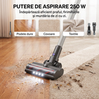 Aspirator vertical P11 Pro mov cu putere de aspirare 250 W pe podele dure, covoare si textile