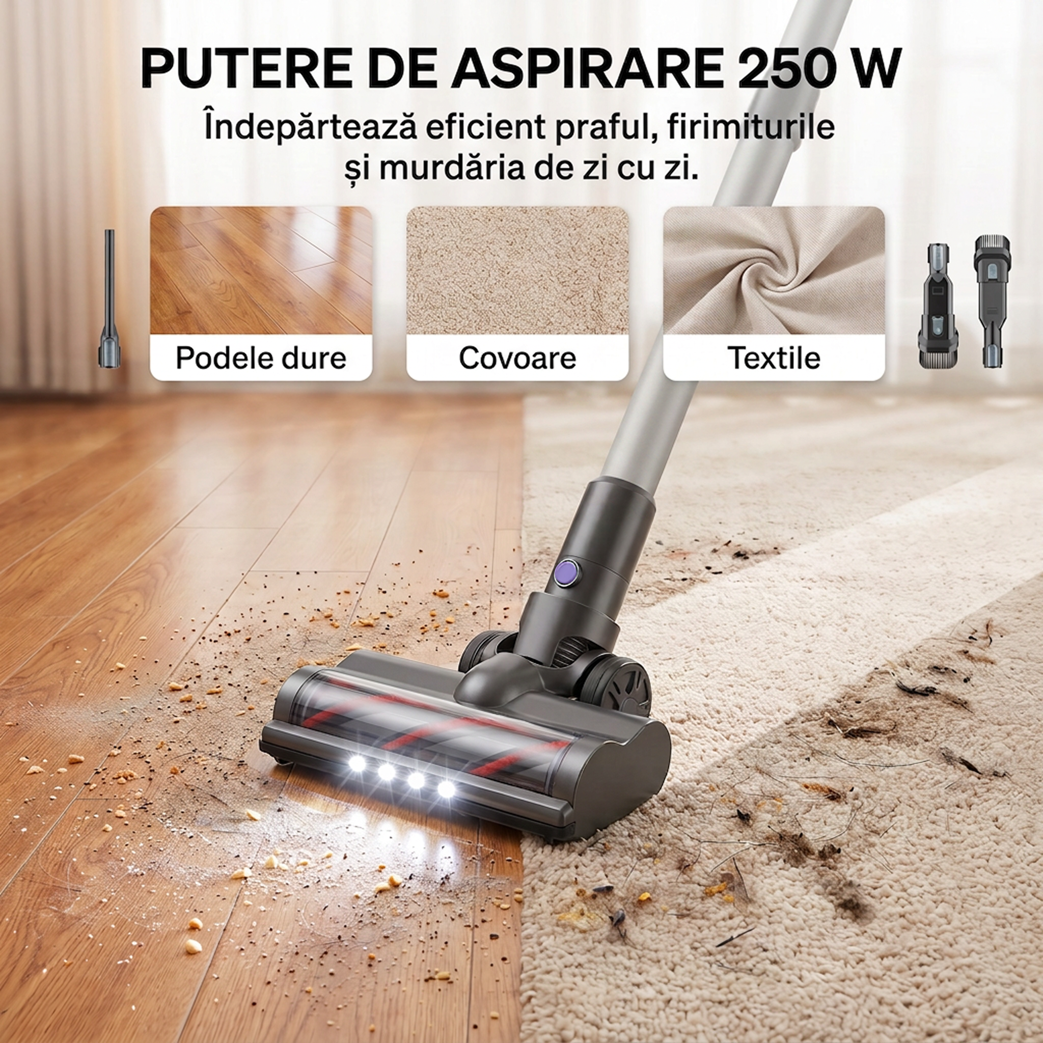 Aspirator vertical P11 Pro mov cu putere de aspirare 250 W pe podele dure, covoare si textile