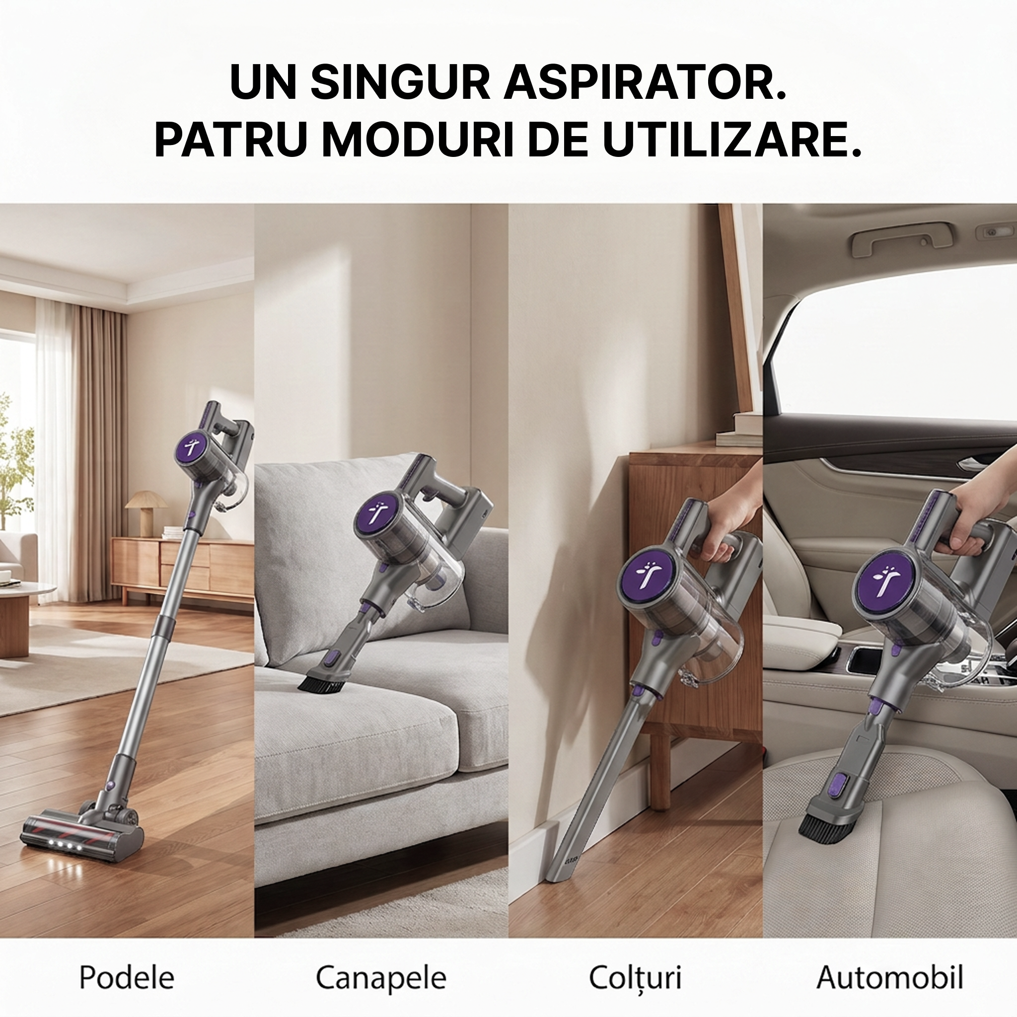 Aspirator vertical P11 Pro mov cu patru moduri de utilizare: podele, canapele, colturi, automobil