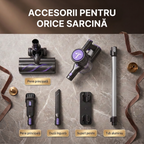 Accesoriile incluse la P11 Pro mov: perie principala, duza ingusta, suport perete si tub din aluminiu