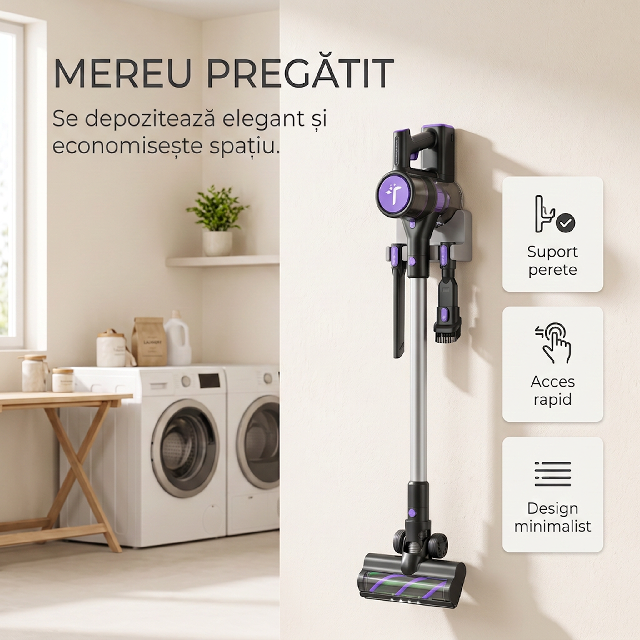 Aspirator vertical P11 Pro mov depozitat pe suportul de perete, mereu pregatit