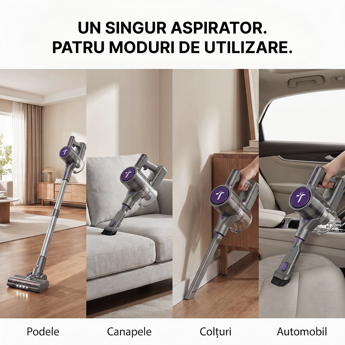 Aspirator vertical P11 Pro mov cu patru moduri de utilizare: podele, canapele, colturi, automobil