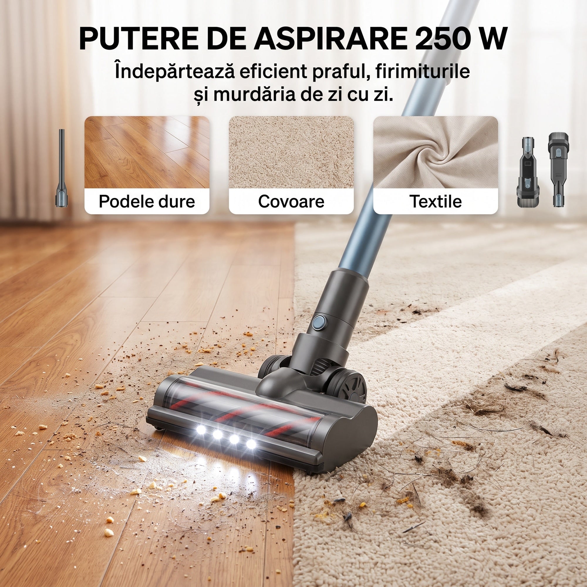 Perie principala cu LED a aspiratorului P11 Pro verde, putere de aspirare 250 W pe podele dure, covoare si textile